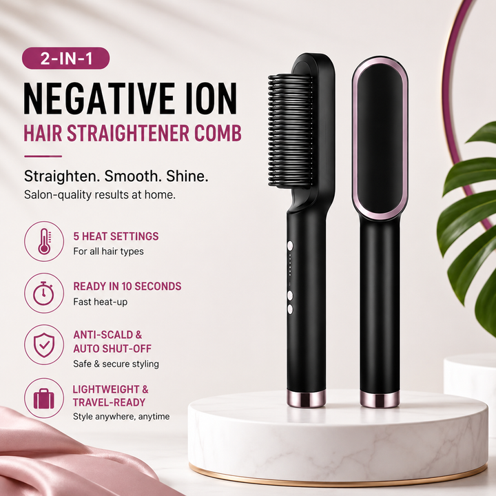 2 in 1 Hair Straightener and Styling Comb with Negative Ion Technology.