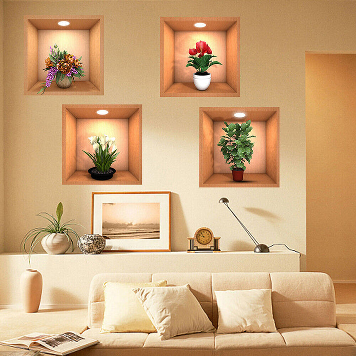 3D Flowers Vase Wall Sticker (Pack of 4)