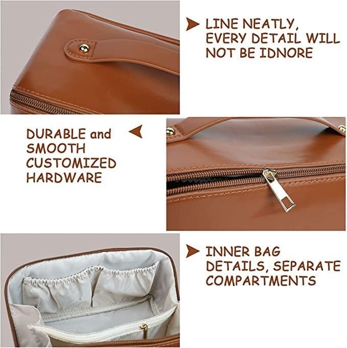 Large Capacity Cosmetic Travel Bag Portable Leather with Handle and Divider