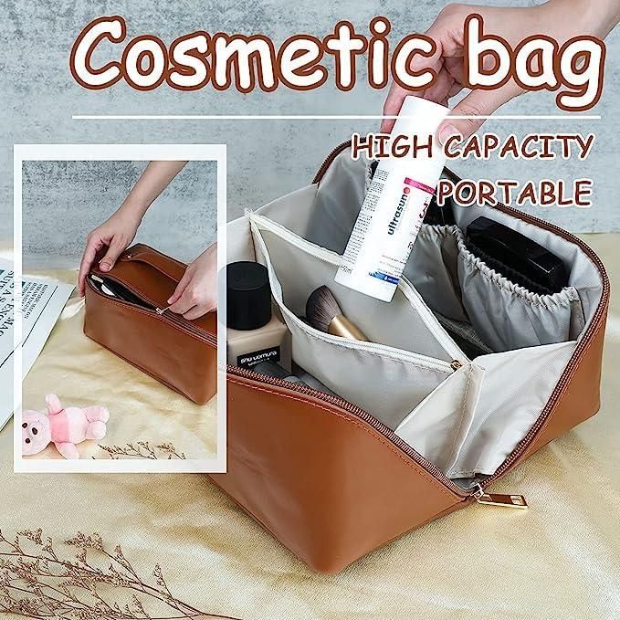 Large Capacity Cosmetic Travel Bag Portable Leather with Handle and Divider