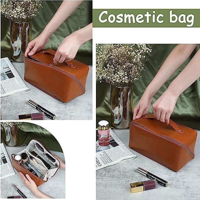 Large Capacity Cosmetic Travel Bag Portable Leather with Handle and Divider