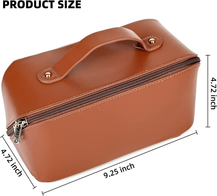 Large Capacity Cosmetic Travel Bag Portable Leather with Handle and Divider