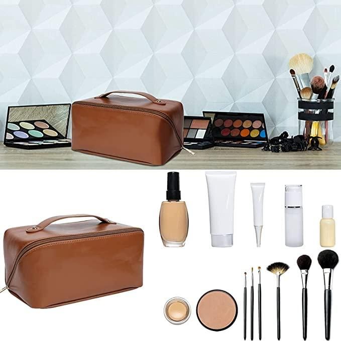 Large Capacity Cosmetic Travel Bag Portable Leather with Handle and Divider