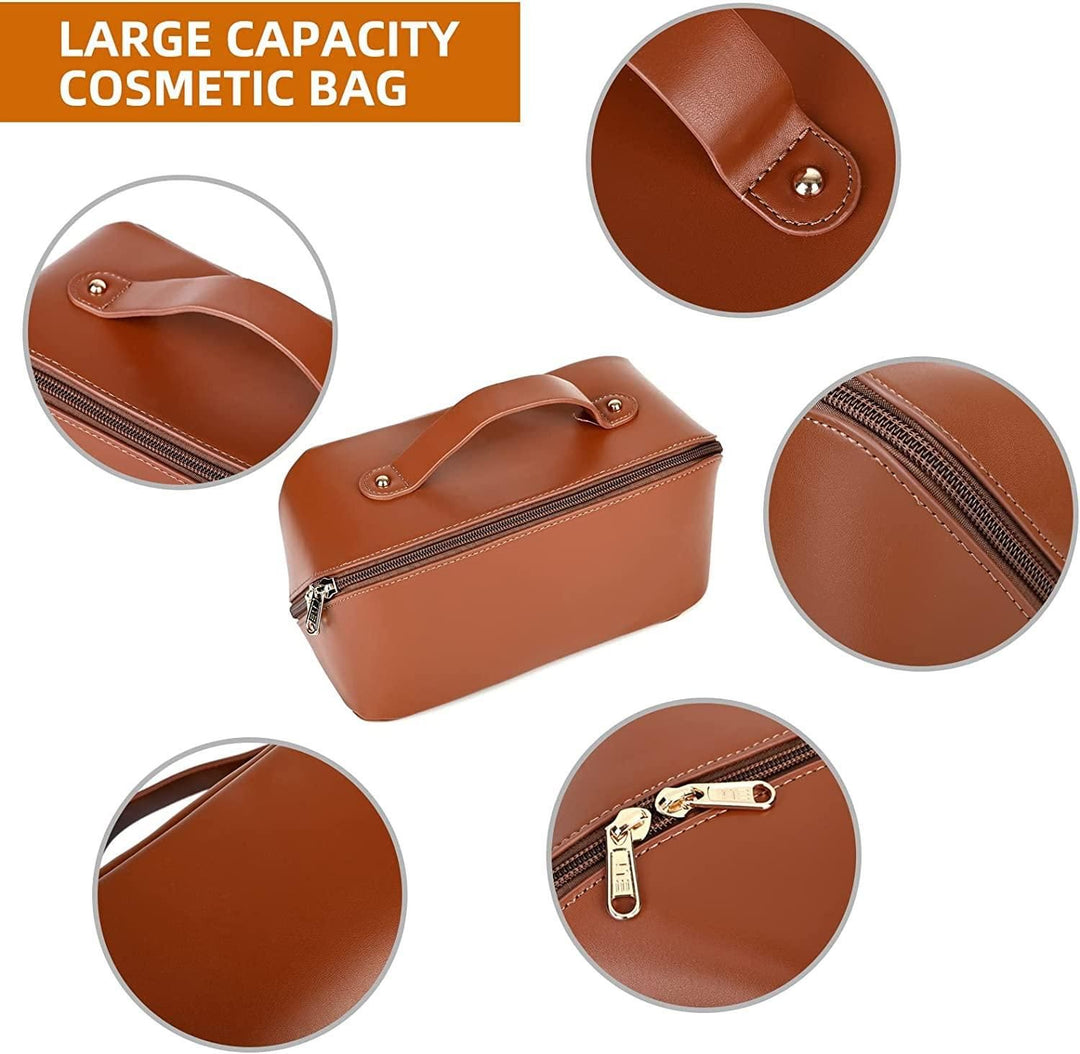 Large Capacity Cosmetic Travel Bag Portable Leather with Handle and Divider