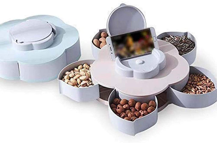 5 Compartments Flower Candy Box Serving Rotating Tray Dry Fruit 1 Piece Spice Set (Plastic, Green)